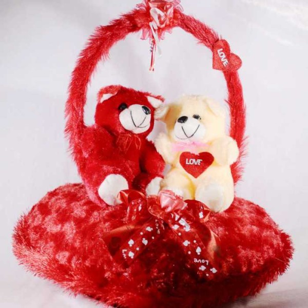 Beautiful Red Handle Heart with Valentine Teddy Bear Couple